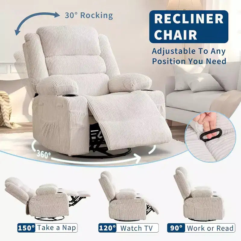 Poltrona Reclinabile Girevole a 360 Gradi e Basculante, con Rivestimento in Tessuto Grigio, Posto Singolo