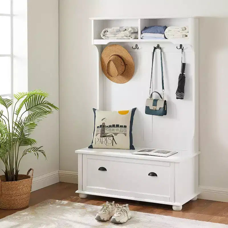 4-in-1 Hall TreeEntryway Coat Rack with Top Shelf, Storage Bench, 4 Hooks, Flip Door, Open Shelves, Side Bench for Hallway or Entryway