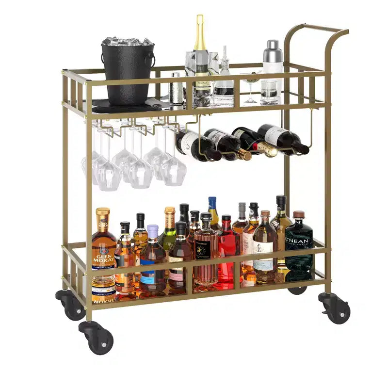 Carrello da Bar a 2 Ripiani Nero/Oro/Argento – Ripiani a Specchio, Portabottiglie e Portabicchieri, Montaggio in 1 Persona