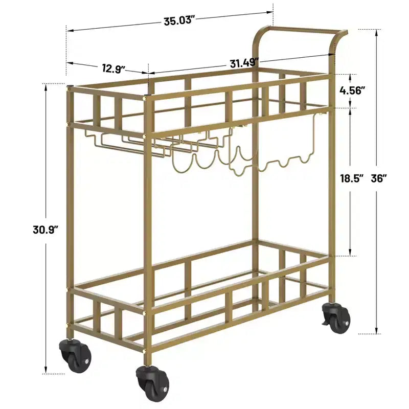 Carrello da Bar a 2 Ripiani Nero/Oro/Argento – Ripiani a Specchio, Portabottiglie e Portabicchieri, Montaggio in 1 Persona