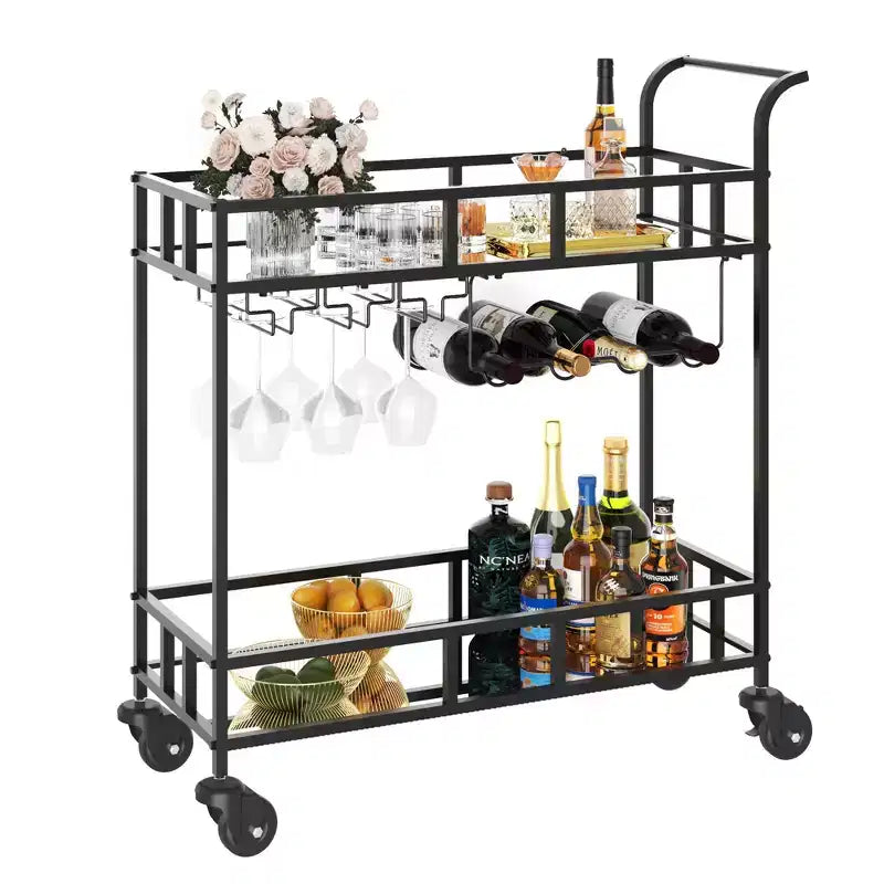 Carrello da Bar a 2 Ripiani Nero/Oro/Argento – Ripiani a Specchio, Portabottiglie e Portabicchieri, Montaggio in 1 Persona