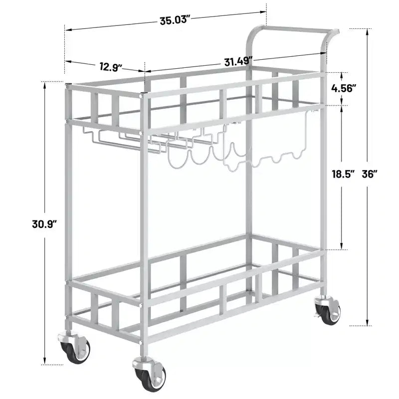 Carrello da Bar a 2 Ripiani Nero/Oro/Argento – Ripiani a Specchio, Portabottiglie e Portabicchieri, Montaggio in 1 Persona