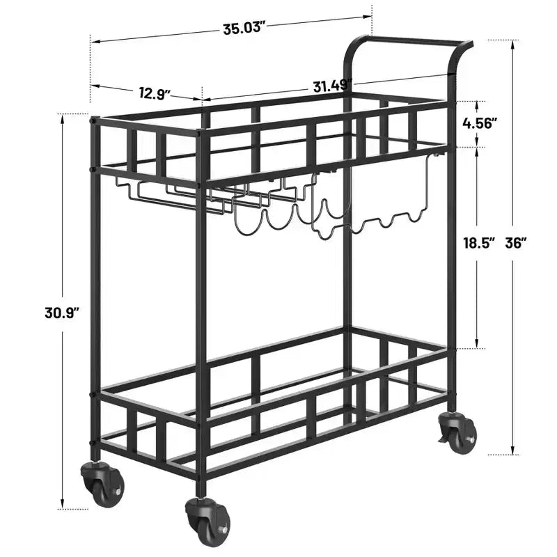 Carrello da Bar a 2 Ripiani Nero/Oro/Argento – Ripiani a Specchio, Portabottiglie e Portabicchieri, Montaggio in 1 Persona