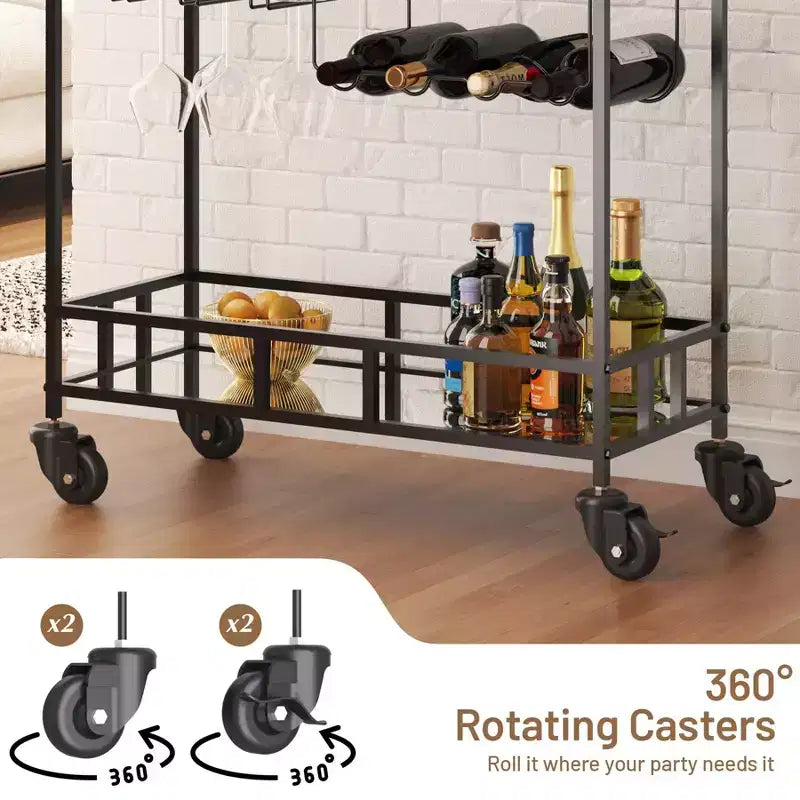 Carrello da Bar a 2 Ripiani Nero/Oro/Argento – Ripiani a Specchio, Portabottiglie e Portabicchieri, Montaggio in 1 Persona