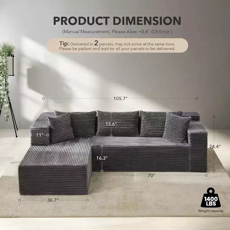 Divano componibile a L Beige / Nero / Grigio con chaise longue, 2 posti modulare