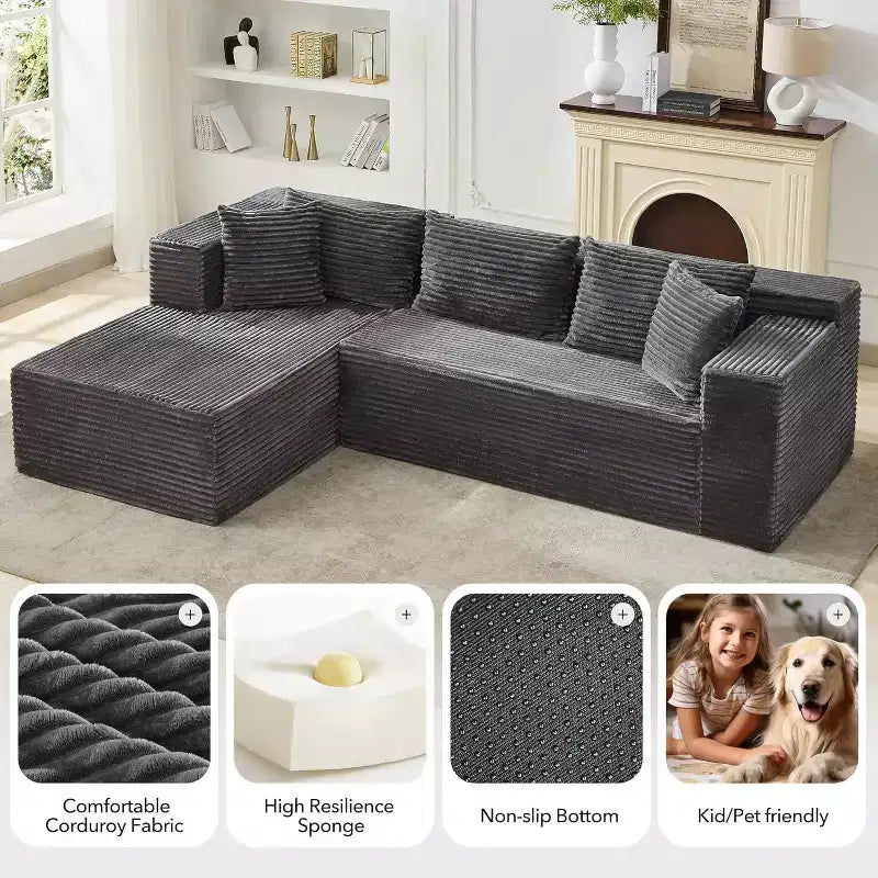 Divano componibile a L Beige / Nero / Grigio con chaise longue, 2 posti modulare