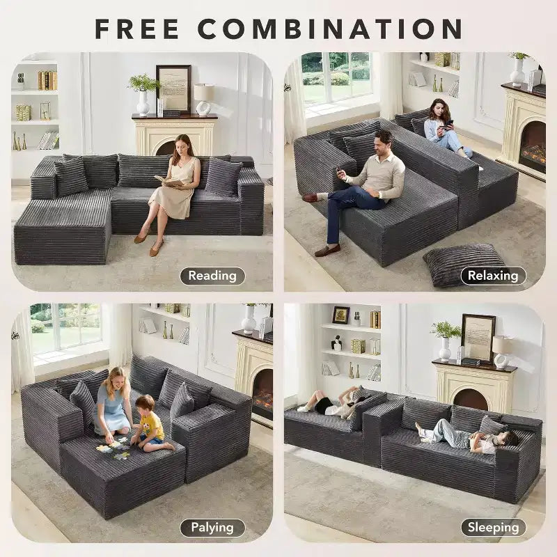 Divano componibile a L Beige / Nero / Grigio con chaise longue, 2 posti modulare