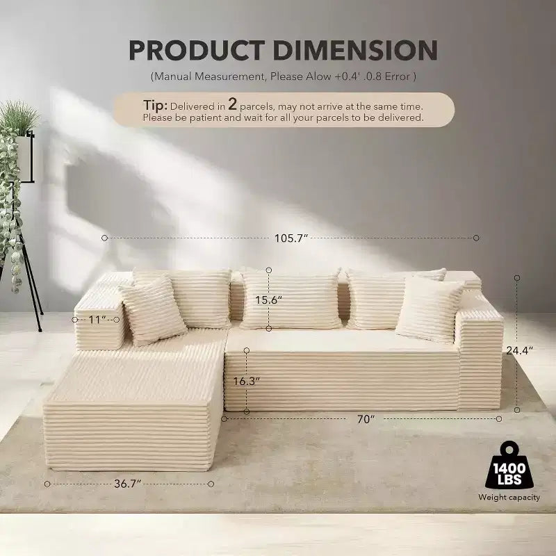 Divano componibile a L Beige / Nero / Grigio con chaise longue, 2 posti modulare