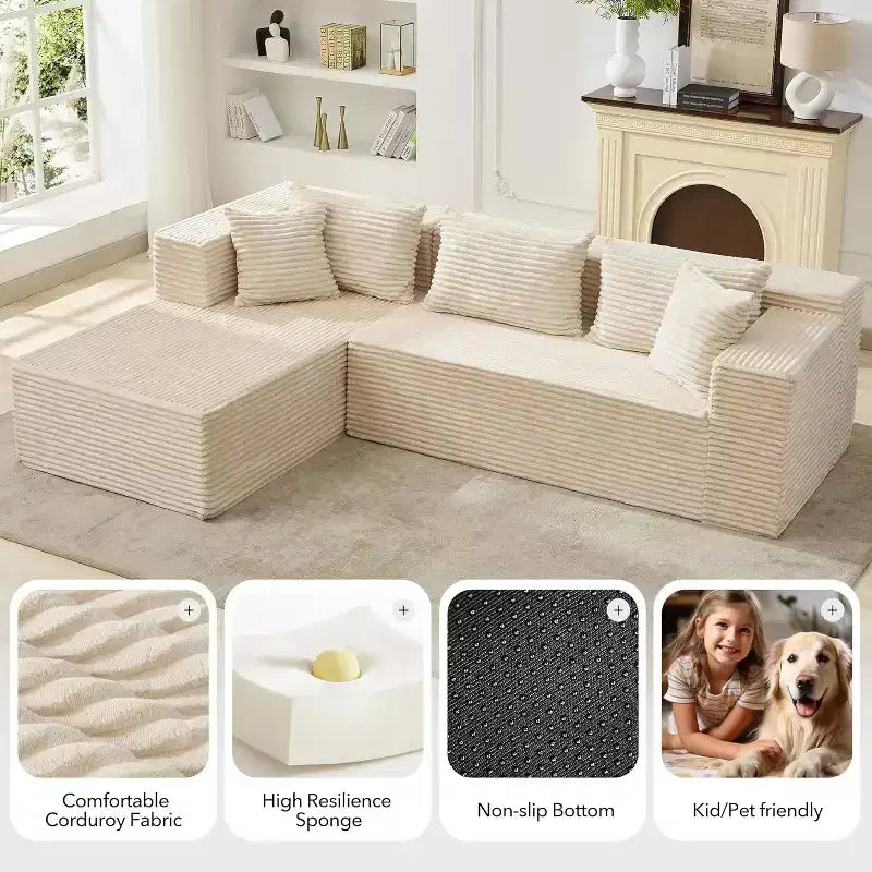 Divano componibile a L Beige / Nero / Grigio con chaise longue, 2 posti modulare