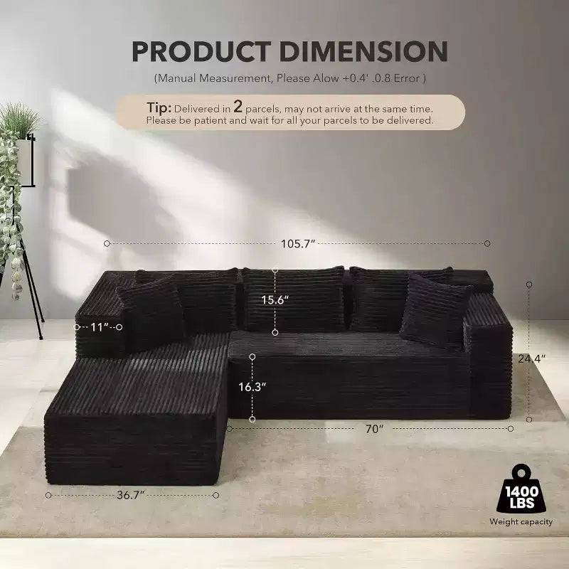 Divano componibile a L Beige / Nero / Grigio con chaise longue, 2 posti modulare