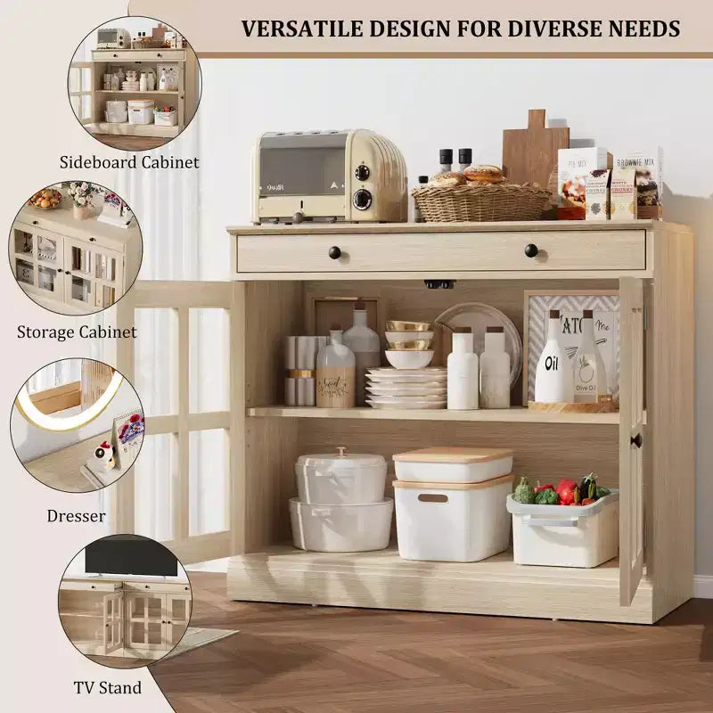 Mobile credenza/credenza a buffet nero/naturale/noce/bianco con anta in vetro, cassetto e ripiani - 1 unità