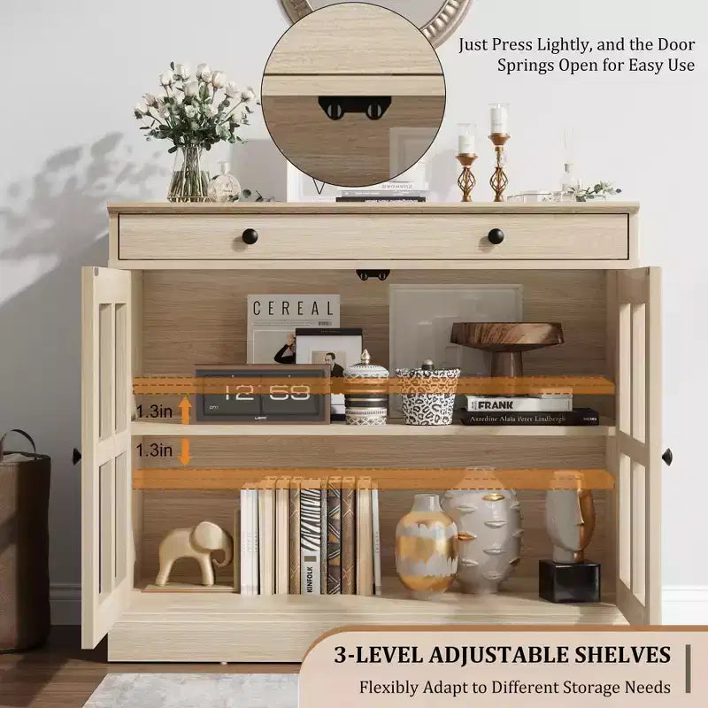 Mobile credenza/credenza a buffet nero/naturale/noce/bianco con anta in vetro, cassetto e ripiani - 1 unità