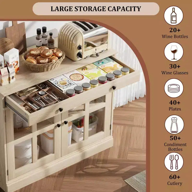 Mobile credenza/credenza a buffet nero/naturale/noce/bianco con anta in vetro, cassetto e ripiani - 1 unità