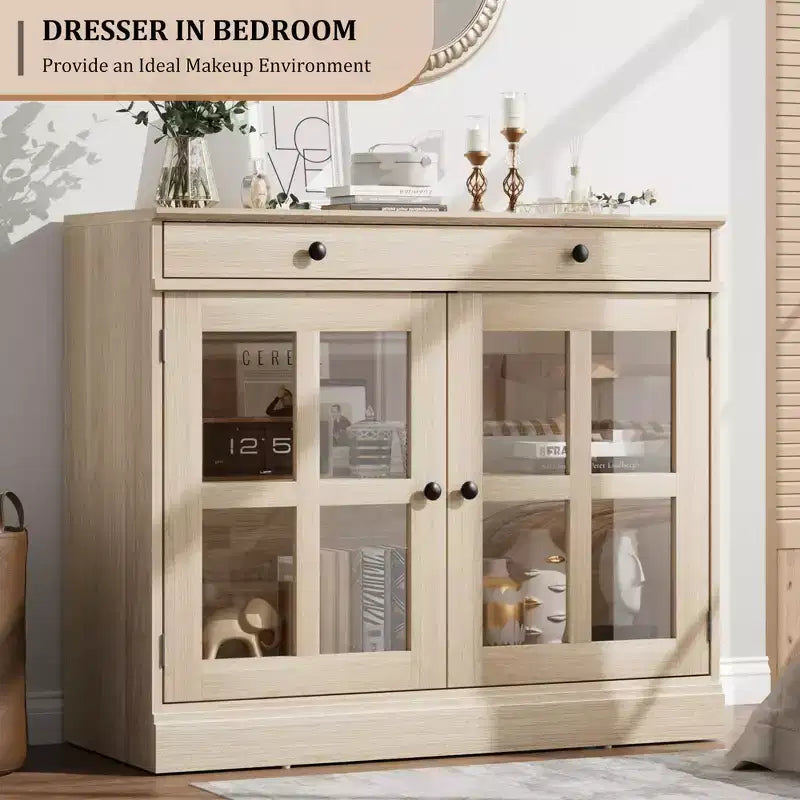 Mobile credenza/credenza a buffet nero/naturale/noce/bianco con anta in vetro, cassetto e ripiani - 1 unità