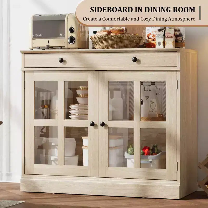 Mobile credenza/credenza a buffet nero/naturale/noce/bianco con anta in vetro, cassetto e ripiani - 1 unità