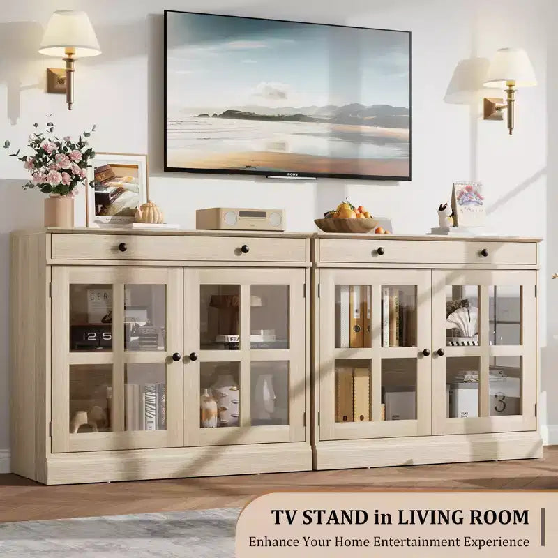 Mobile credenza/credenza a buffet nero/naturale/noce/bianco con anta in vetro, cassetto e ripiani - 1 unità