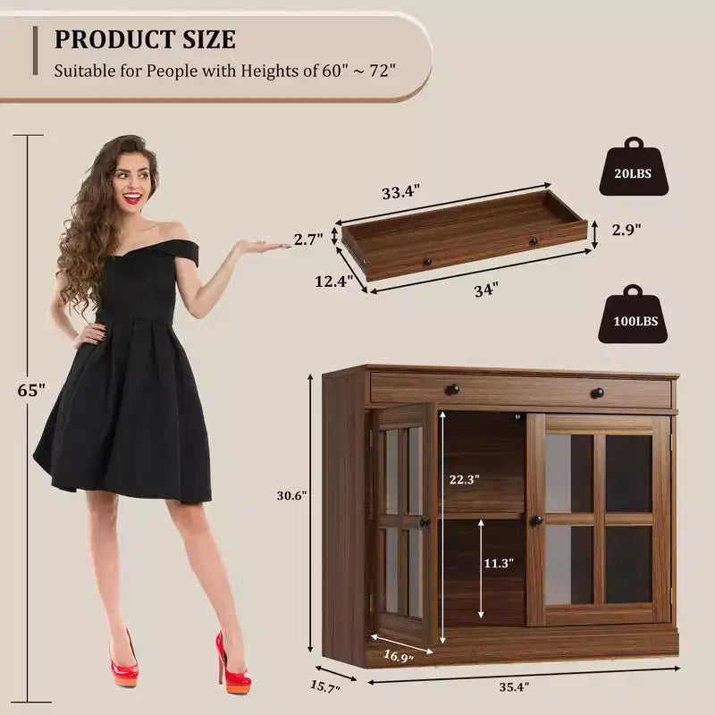 Mobile credenza/credenza a buffet nero/naturale/noce/bianco con anta in vetro, cassetto e ripiani - 1 unità
