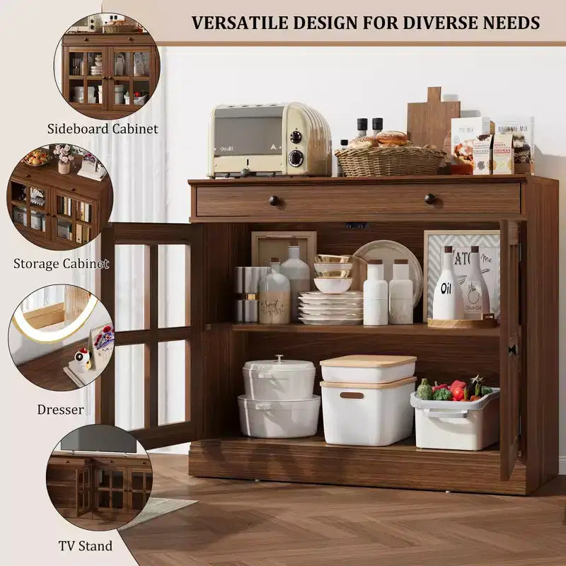 Mobile credenza/credenza a buffet nero/naturale/noce/bianco con anta in vetro, cassetto e ripiani - 1 unità