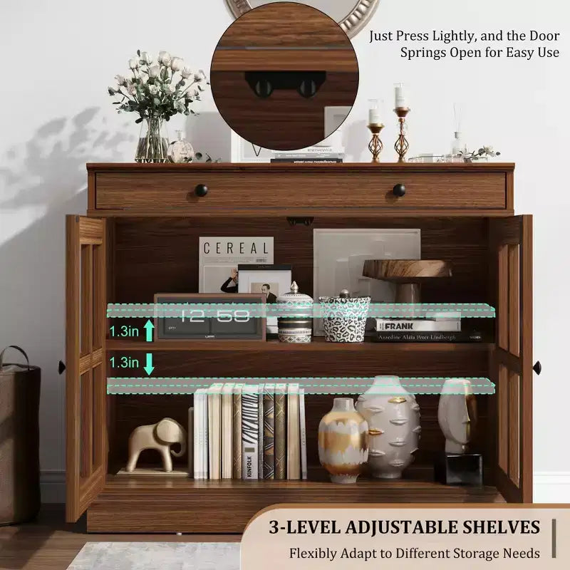 Mobile credenza/credenza a buffet nero/naturale/noce/bianco con anta in vetro, cassetto e ripiani - 1 unità
