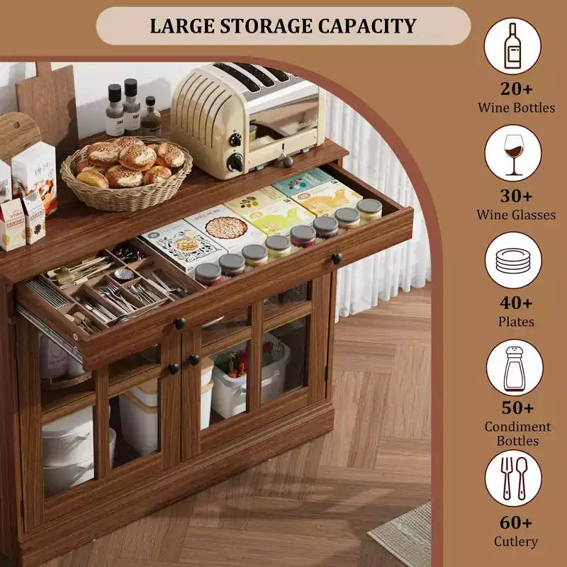 Mobile credenza/credenza a buffet nero/naturale/noce/bianco con anta in vetro, cassetto e ripiani - 1 unità