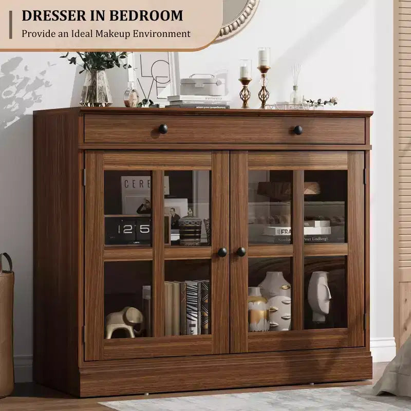 Mobile credenza/credenza a buffet nero/naturale/noce/bianco con anta in vetro, cassetto e ripiani - 1 unità