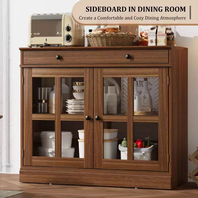 Mobile credenza/credenza a buffet nero/naturale/noce/bianco con anta in vetro, cassetto e ripiani - 1 unità