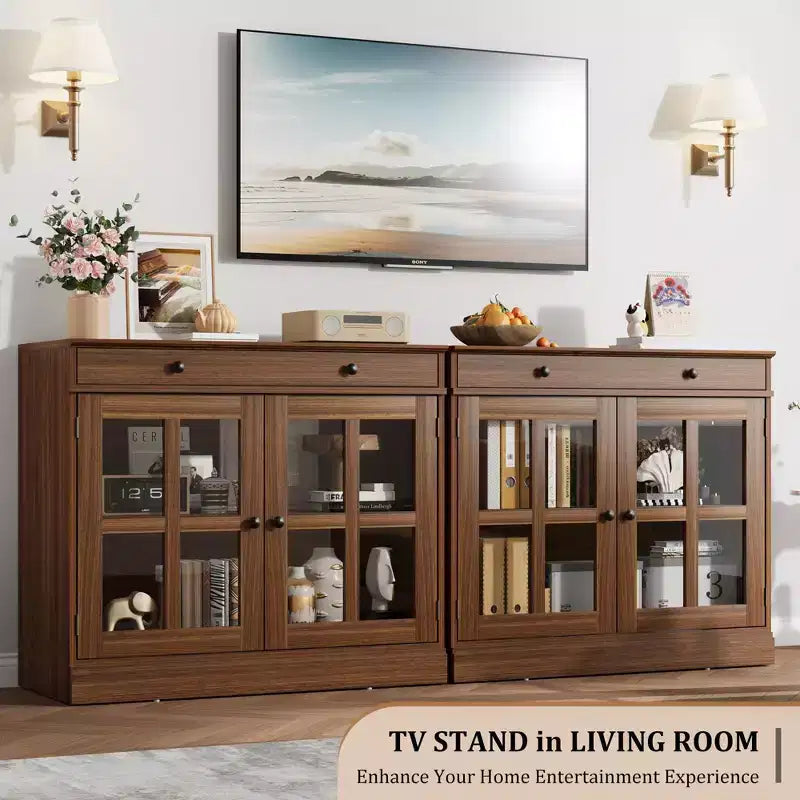 Mobile credenza/credenza a buffet nero/naturale/noce/bianco con anta in vetro, cassetto e ripiani - 1 unità