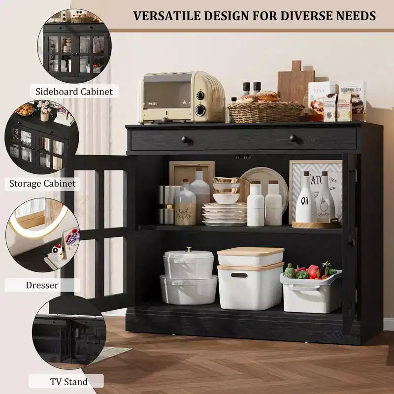 Mobile credenza/credenza a buffet nero/naturale/noce/bianco con anta in vetro, cassetto e ripiani - 1 unità