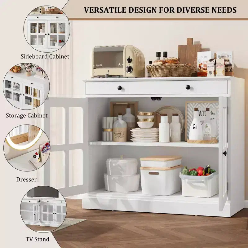 Mobile credenza/credenza a buffet nero/naturale/noce/bianco con anta in vetro, cassetto e ripiani - 1 unità