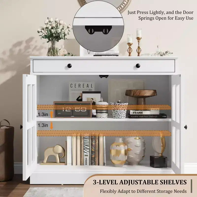 Mobile credenza/credenza a buffet nero/naturale/noce/bianco con anta in vetro, cassetto e ripiani - 1 unità
