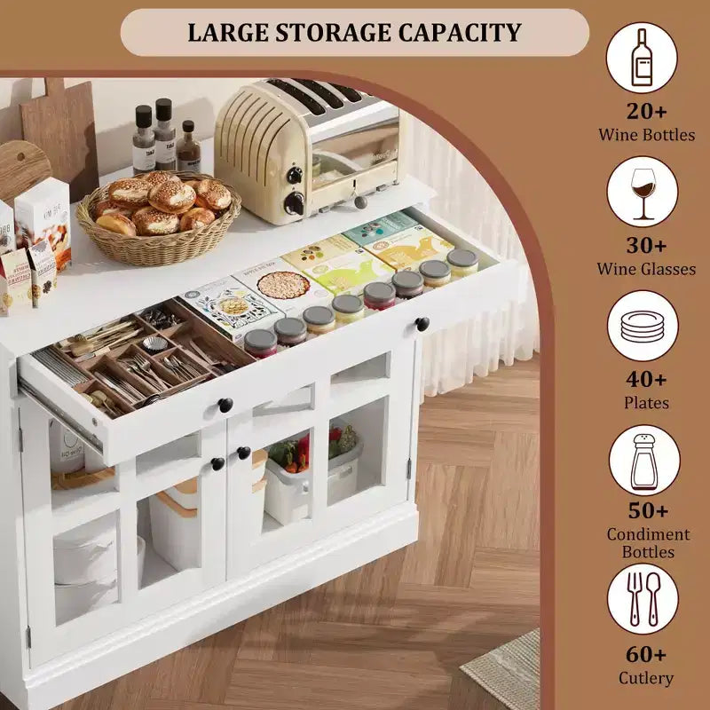 Mobile credenza/credenza a buffet nero/naturale/noce/bianco con anta in vetro, cassetto e ripiani - 1 unità