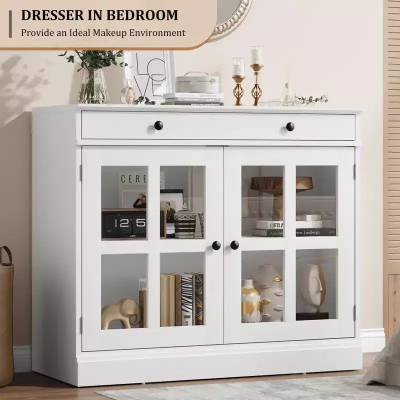 Mobile credenza/credenza a buffet nero/naturale/noce/bianco con anta in vetro, cassetto e ripiani - 1 unità