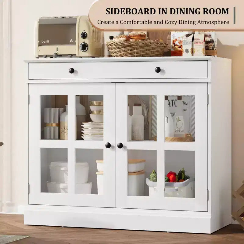 Mobile credenza/credenza a buffet nero/naturale/noce/bianco con anta in vetro, cassetto e ripiani - 1 unità