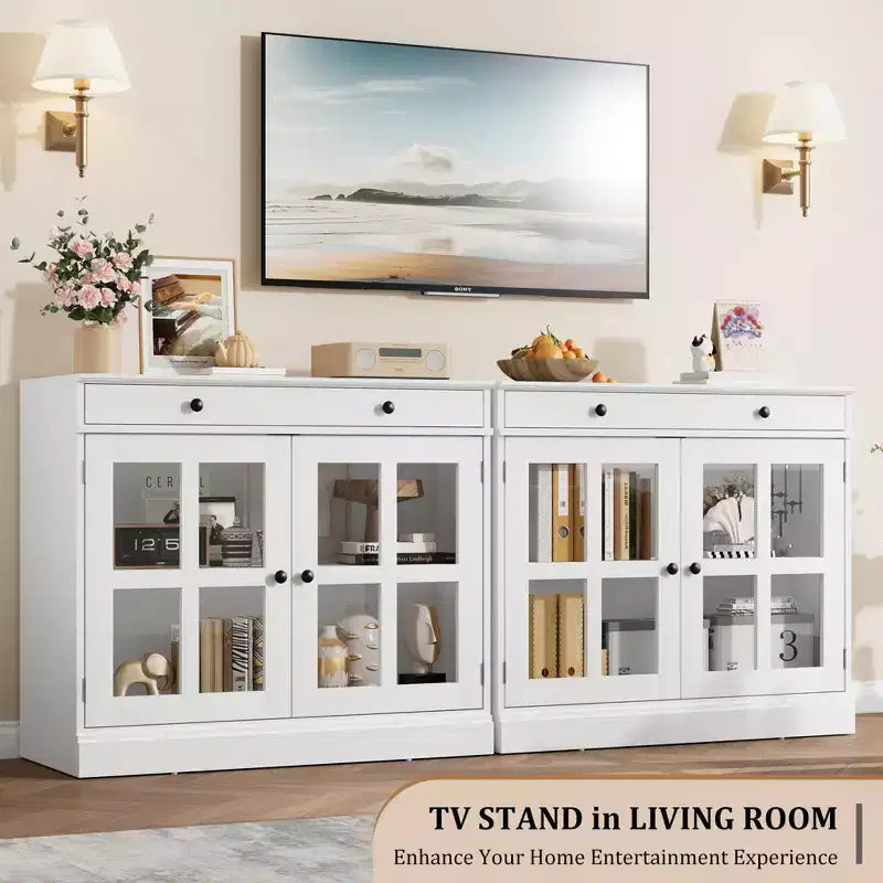 Mobile credenza/credenza a buffet nero/naturale/noce/bianco con anta in vetro, cassetto e ripiani - 1 unità