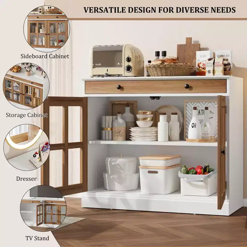 Mobile credenza/credenza a buffet nero/naturale/noce/bianco con anta in vetro, cassetto e ripiani - 1 unità