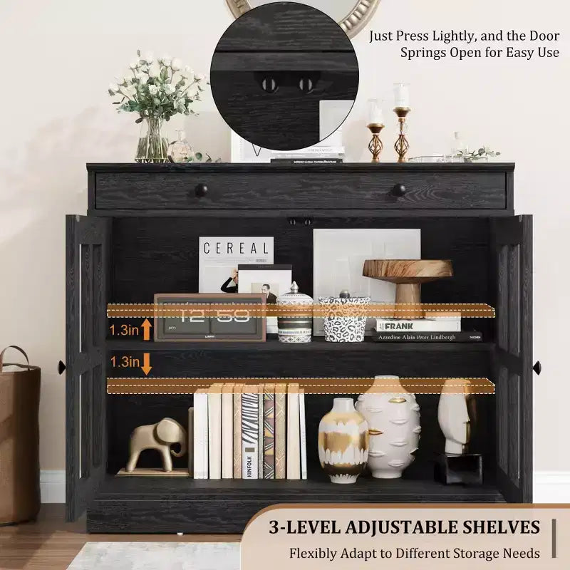 Mobile credenza/credenza a buffet nero/naturale/noce/bianco con anta in vetro, cassetto e ripiani - 1 unità