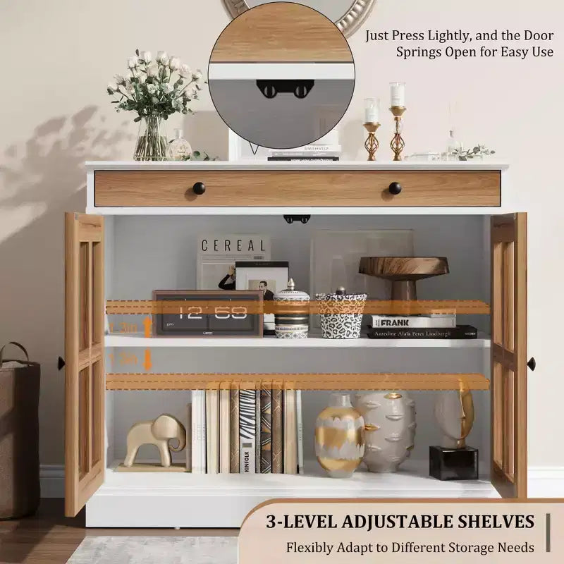 Mobile credenza/credenza a buffet nero/naturale/noce/bianco con anta in vetro, cassetto e ripiani - 1 unità