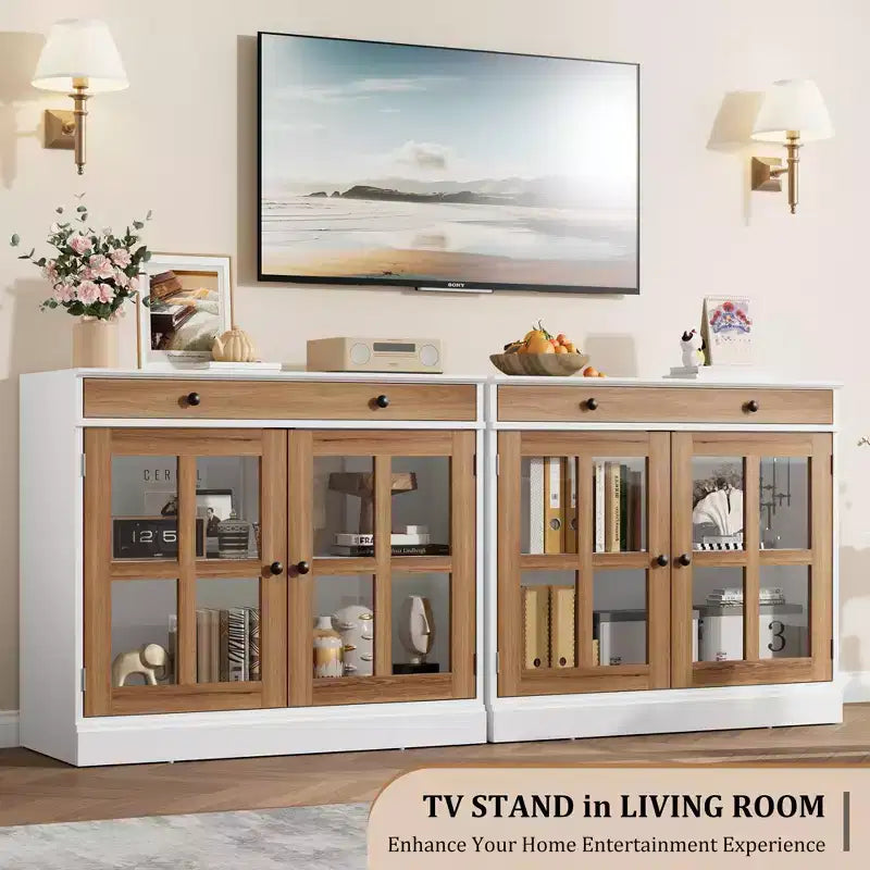 Mobile credenza/credenza a buffet nero/naturale/noce/bianco con anta in vetro, cassetto e ripiani - 1 unità