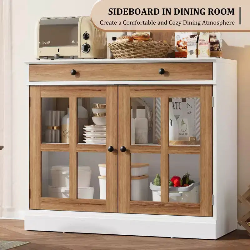 Mobile credenza/credenza a buffet nero/naturale/noce/bianco con anta in vetro, cassetto e ripiani - 1 unità