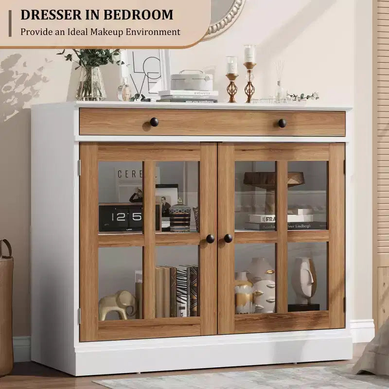 Mobile credenza/credenza a buffet nero/naturale/noce/bianco con anta in vetro, cassetto e ripiani - 1 unità