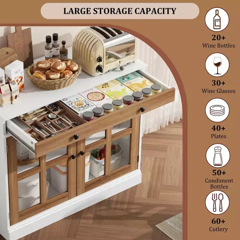 Mobile credenza/credenza a buffet nero/naturale/noce/bianco con anta in vetro, cassetto e ripiani - 1 unità