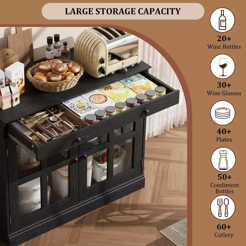 Mobile credenza/credenza a buffet nero/naturale/noce/bianco con anta in vetro, cassetto e ripiani - 1 unità
