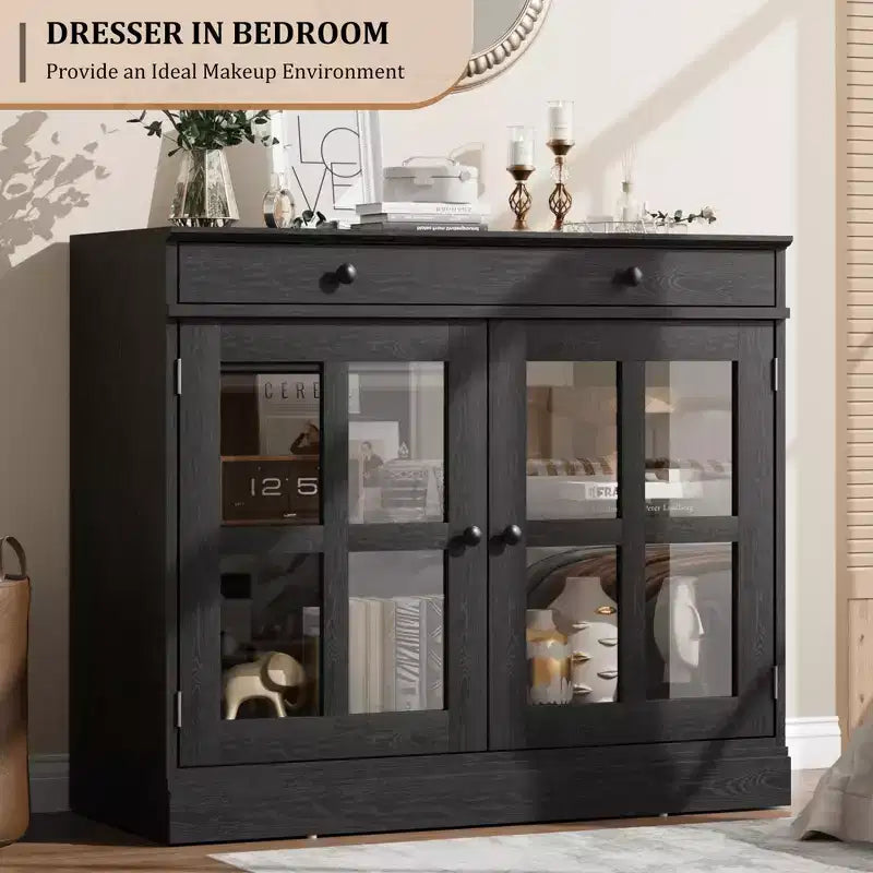 Mobile credenza/credenza a buffet nero/naturale/noce/bianco con anta in vetro, cassetto e ripiani - 1 unità