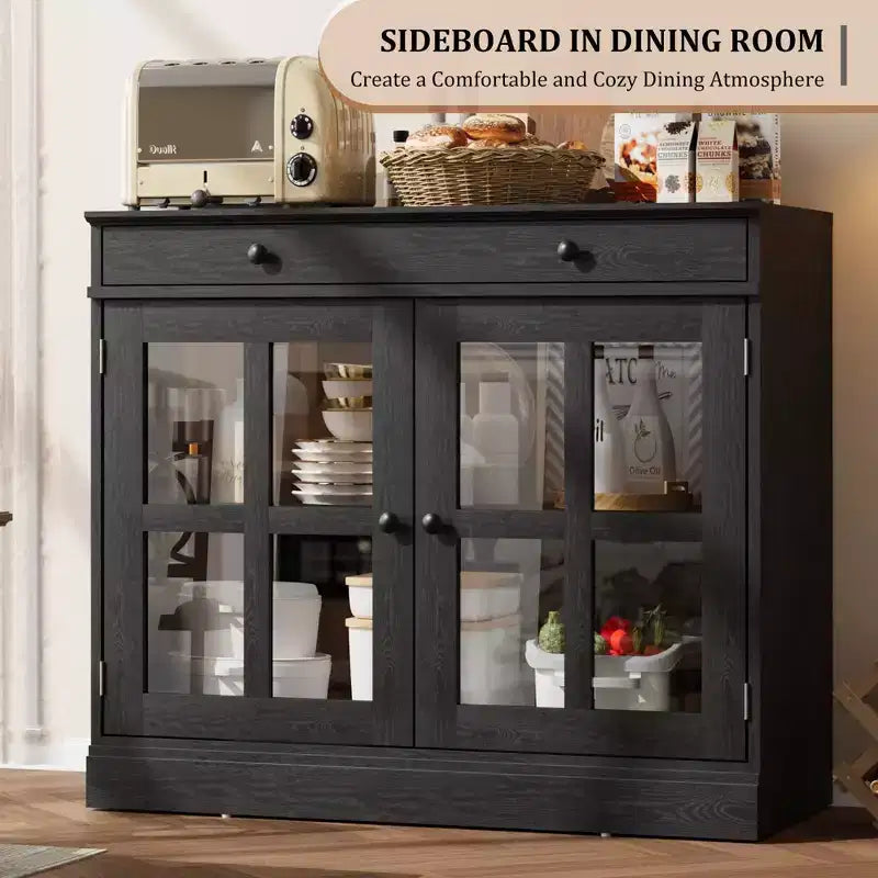 Mobile credenza/credenza a buffet nero/naturale/noce/bianco con anta in vetro, cassetto e ripiani - 1 unità