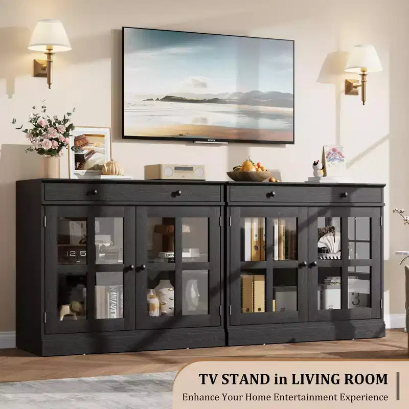 Mobile credenza/credenza a buffet nero/naturale/noce/bianco con anta in vetro, cassetto e ripiani - 1 unità