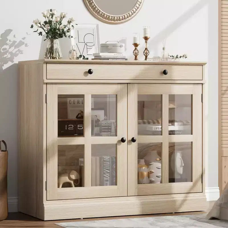 Mobile credenza/credenza a buffet nero/naturale/noce/bianco con anta in vetro, cassetto e ripiani - 1 unità