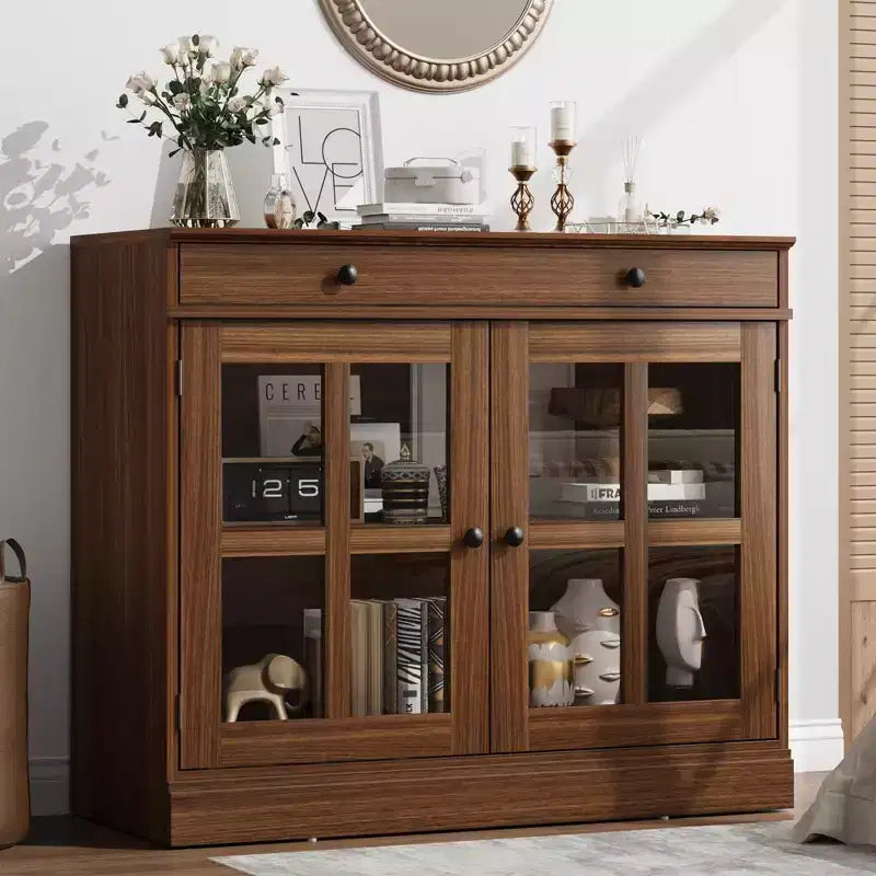 Mobile credenza/credenza a buffet nero/naturale/noce/bianco con anta in vetro, cassetto e ripiani - 1 unità