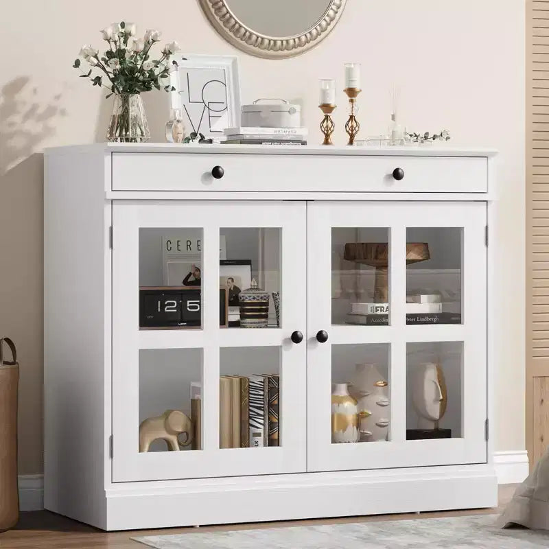 Mobile credenza/credenza a buffet nero/naturale/noce/bianco con anta in vetro, cassetto e ripiani - 1 unità
