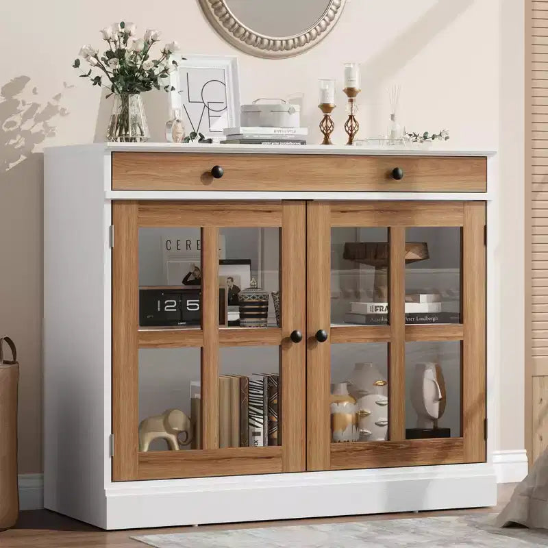 Mobile credenza/credenza a buffet nero/naturale/noce/bianco con anta in vetro, cassetto e ripiani - 1 unità
