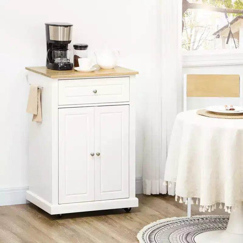 Isola da Cucina Mobile Bianca con Armadietto, Cassetto e Ruote Bloccabili – 1 Persona